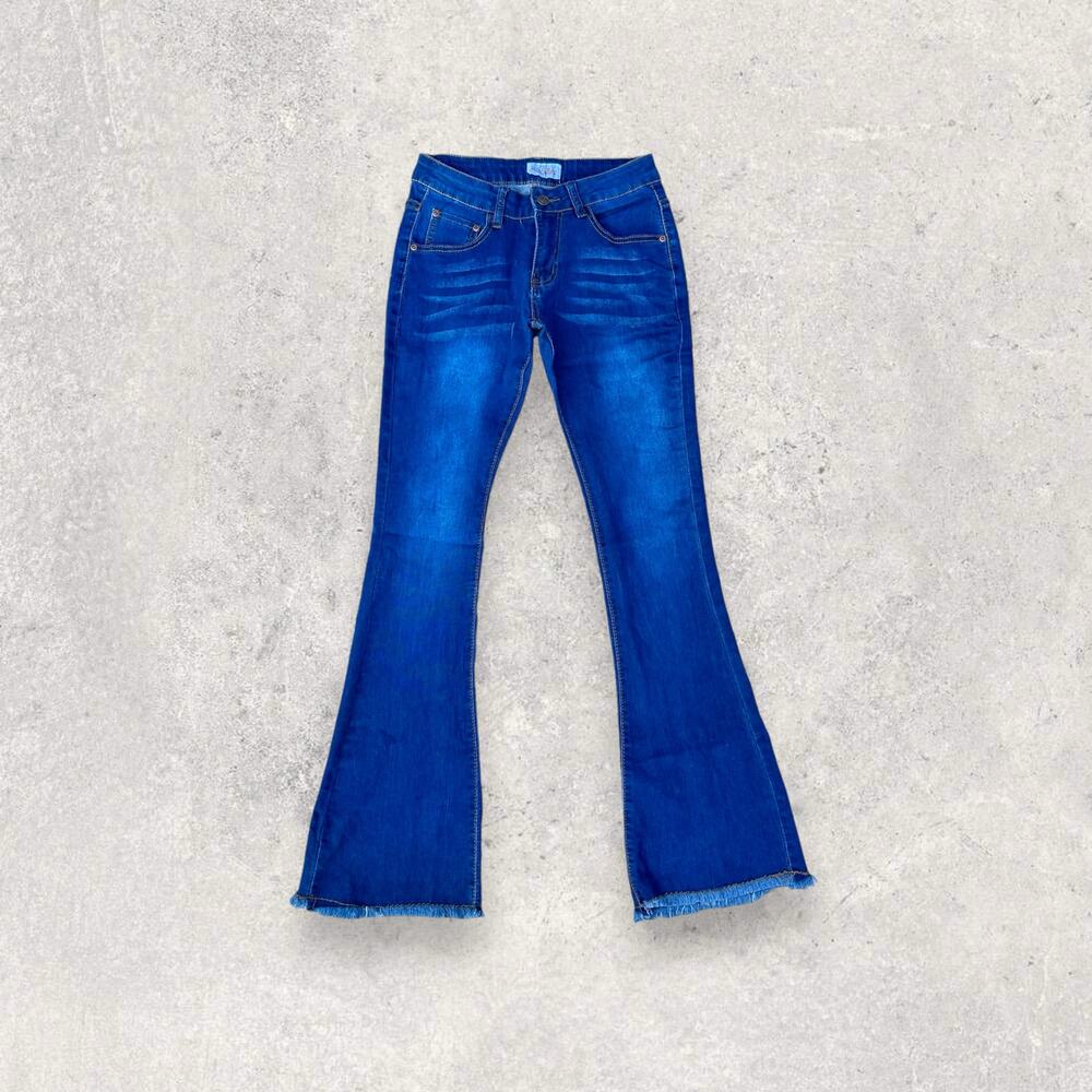 Red Bottoms Women’s Blue Flare Leg Jeans with Raw Hem Size 7/28